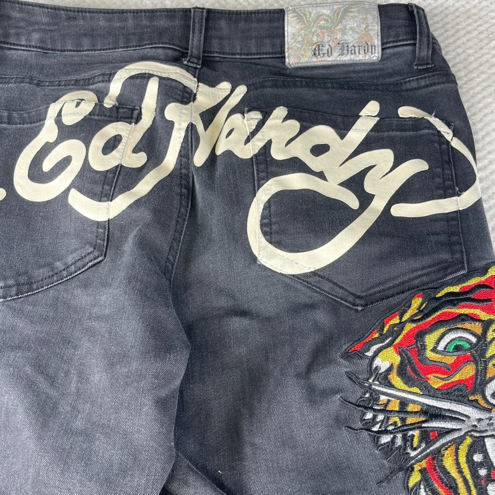 Ed Hardy Tiger Embroidered Flared Jeans Black Denim Y2K WEHD8400-1 Mens 30 - Picture 5 of 9